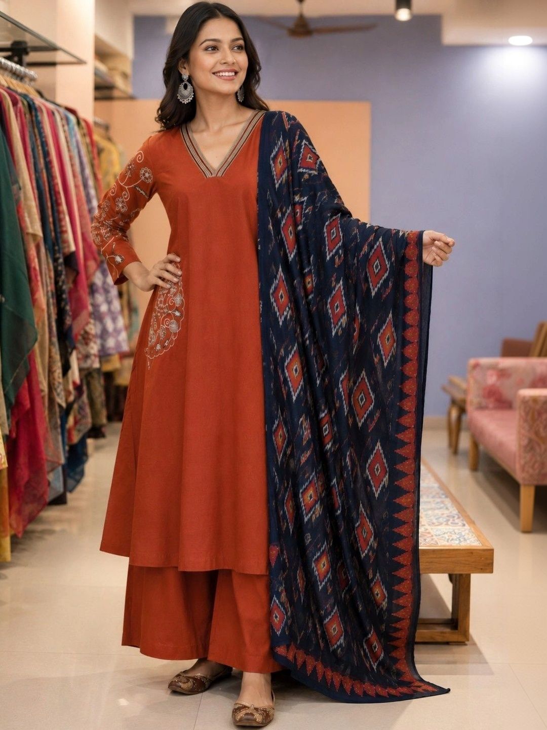 ESHMYRA Women Ethnic Motifs Embroidered Regular Thread Work Pure Cotton Kurta with Palazzos & With Dupatta-image-17