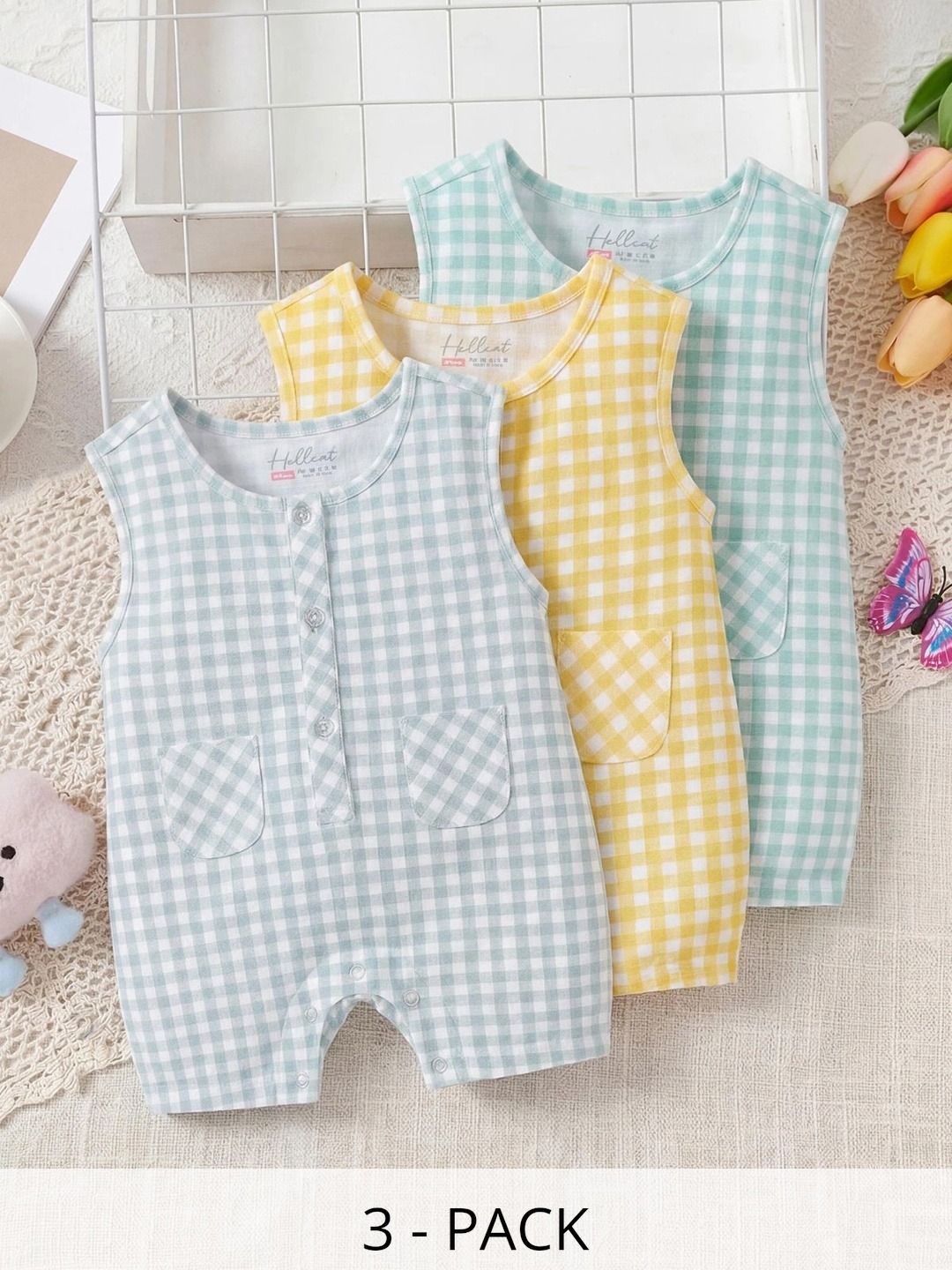 HELLCAT Infants Pack of 3 Checked Cotton Rompers-picture-29