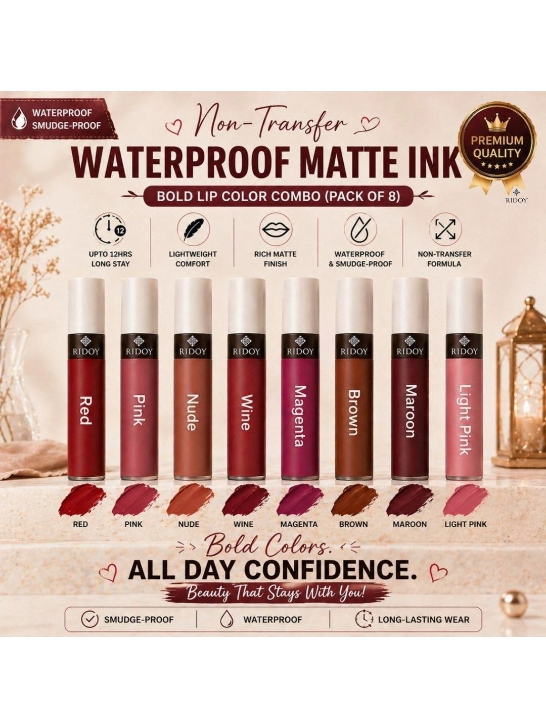 ridoy Set Of 8 Waterproof Liquid Matte Lipstick-3 ml Each - Light Pink-Maroon-Brown-Magent-picture-37