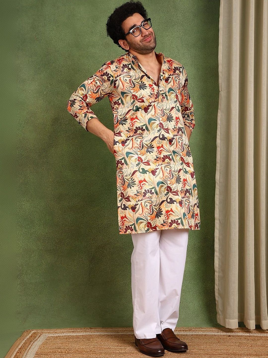 See Designs Men Floral Printed Floral Chanderi Silk Kurta-image-31