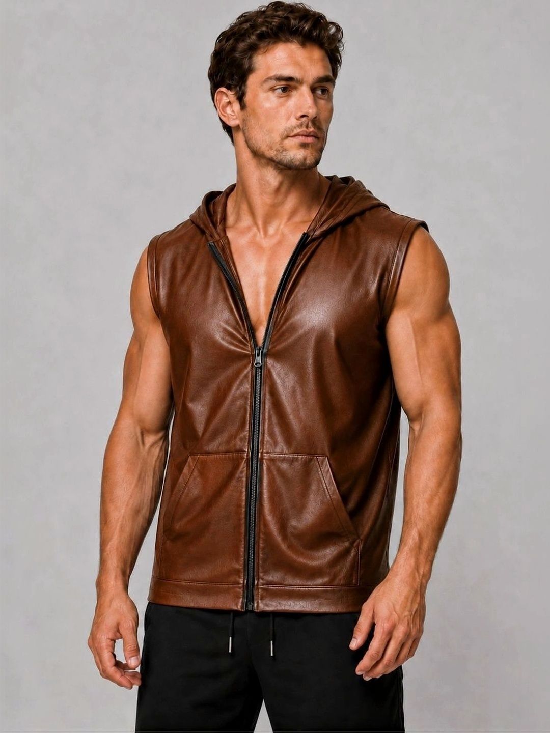 Raxedo Men Leather Training or Gym Open Front Jacket-image-41