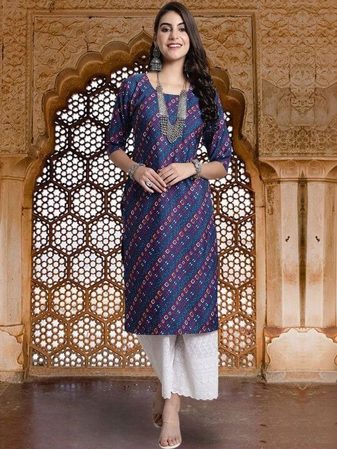 HERE&NOW Selection Of 2 Ethnic Motifs Printed Crepe Straight Kurtas-picture-57