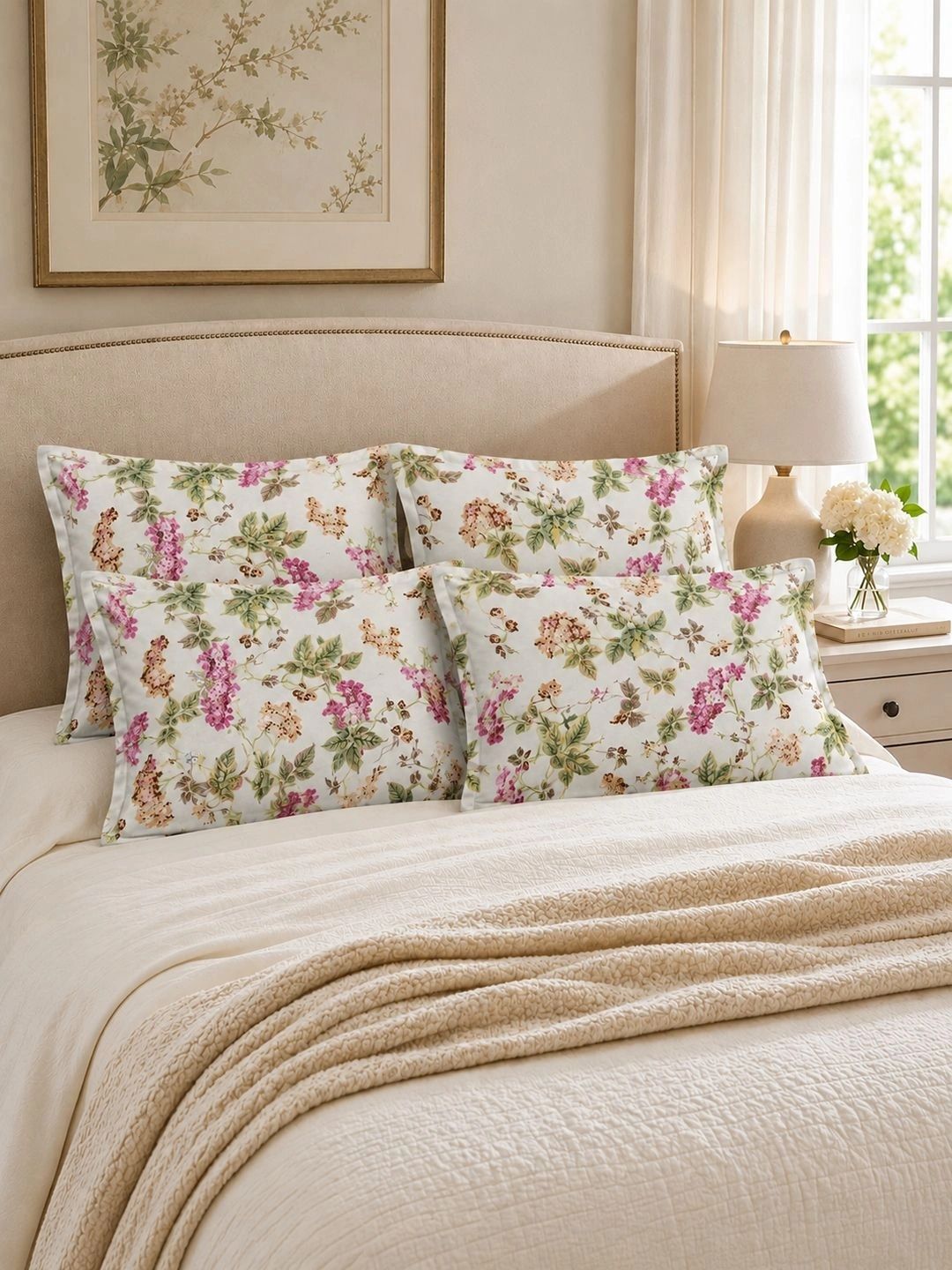 Clasiko White 4 Pieces Floral Pure Cotton Blend Rectangle Pillow Covers-picture-6