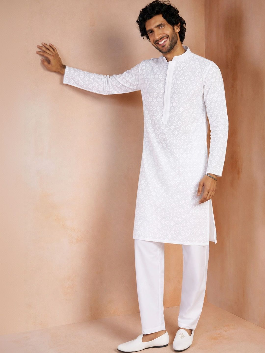 VASTRAMAY Men Ethnic Motifs Embroidered Regular Chikankari Pure Cotton Kurta with Pyjamas-picture-19