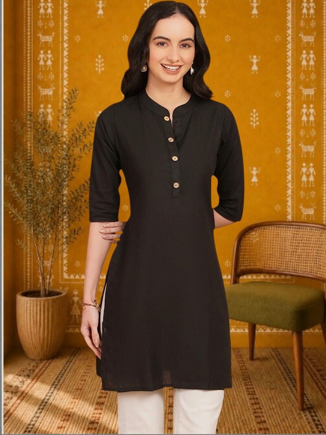 KALINI Mandarin Collar Cotton Blend Top-picture-52