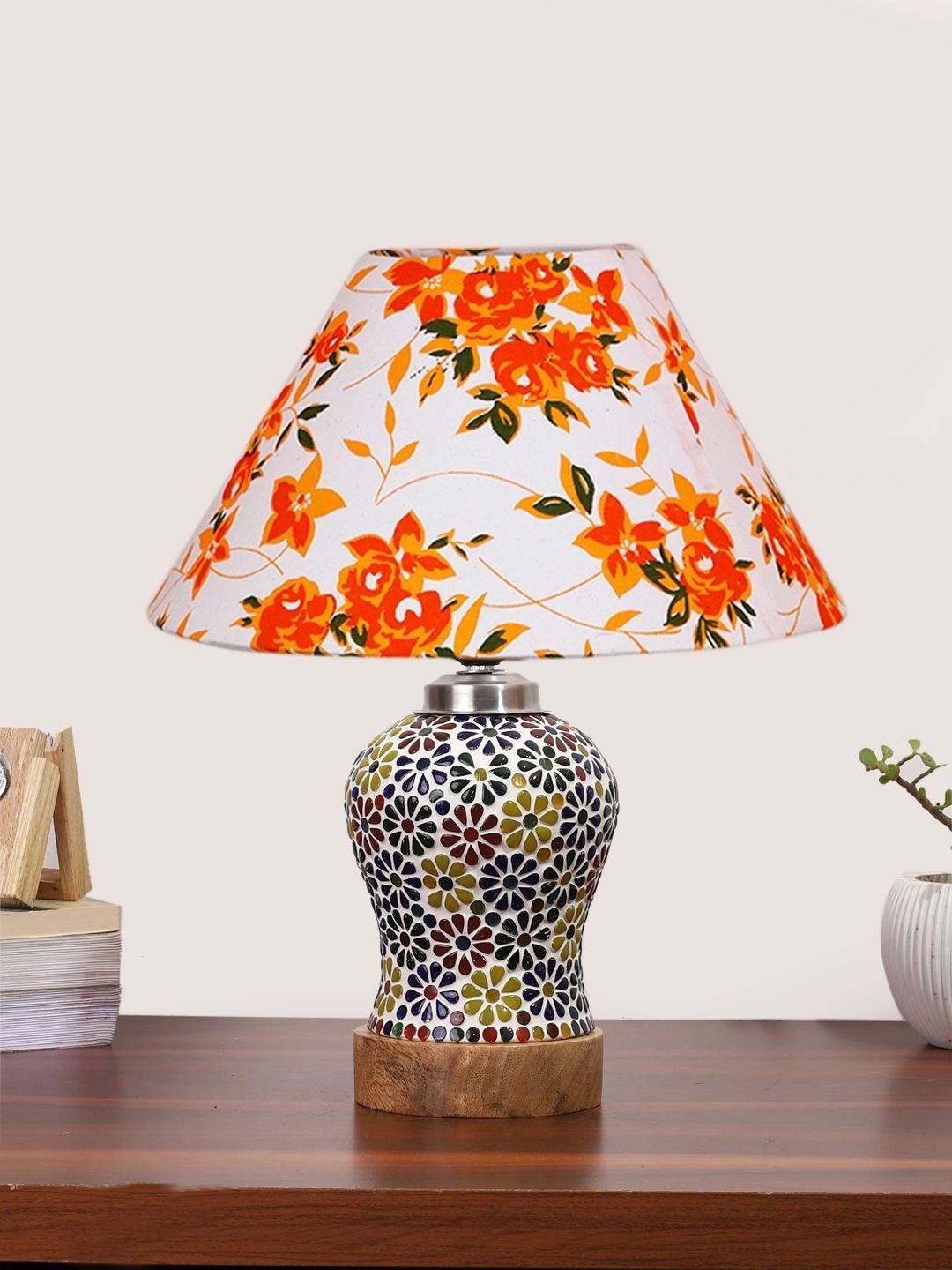Myntra Elegant Homes Multicoloured Printed Glass Traditional Frusturical Shaped Table Lamp-picture-31