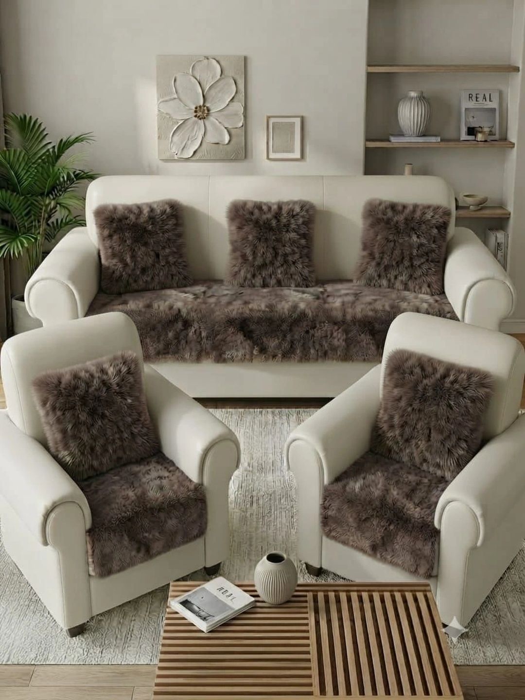 KANUM Coffee Brown Solid Viscose Rayon Blend 5 Piece Sofa Cover Without Arms-picture-24