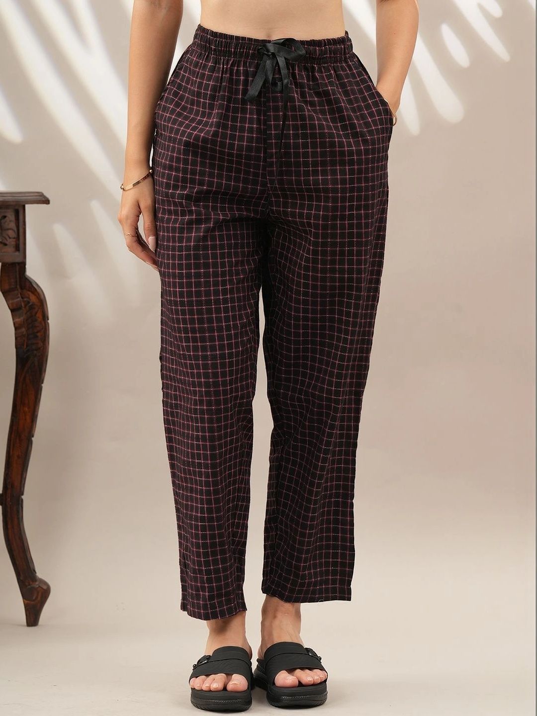 Style Shoes Checked Cotton Mid-Rise Straight Lounge Pants-picture-53