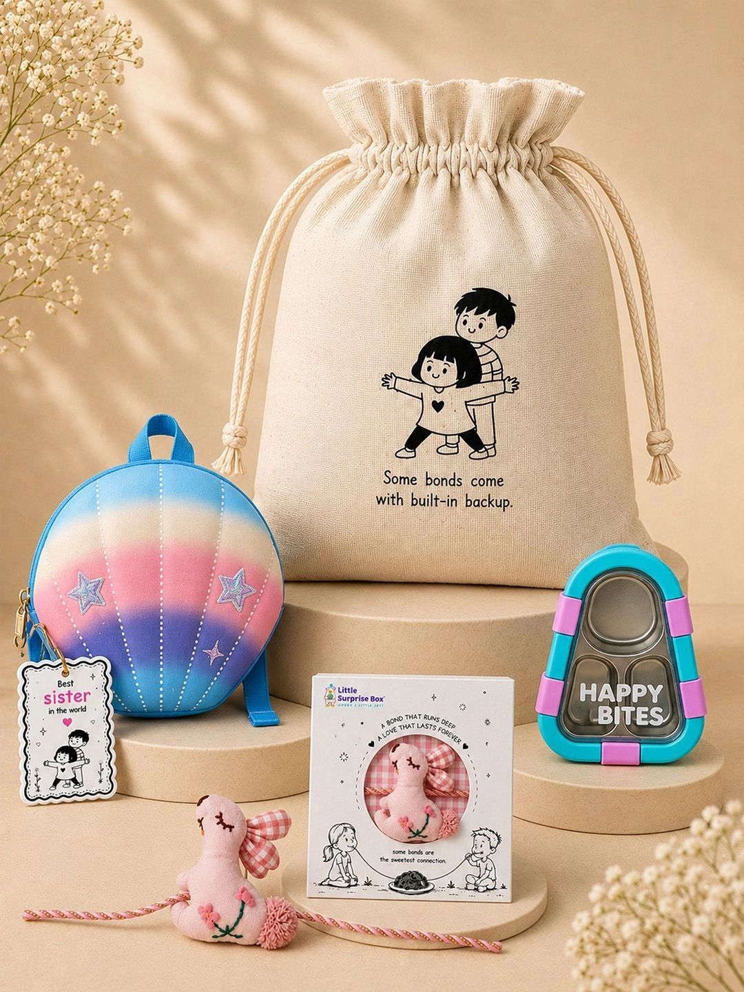 Little Surprise Box Rakhi With Shell Backpack Lunch Box & Jute Bag-image-36