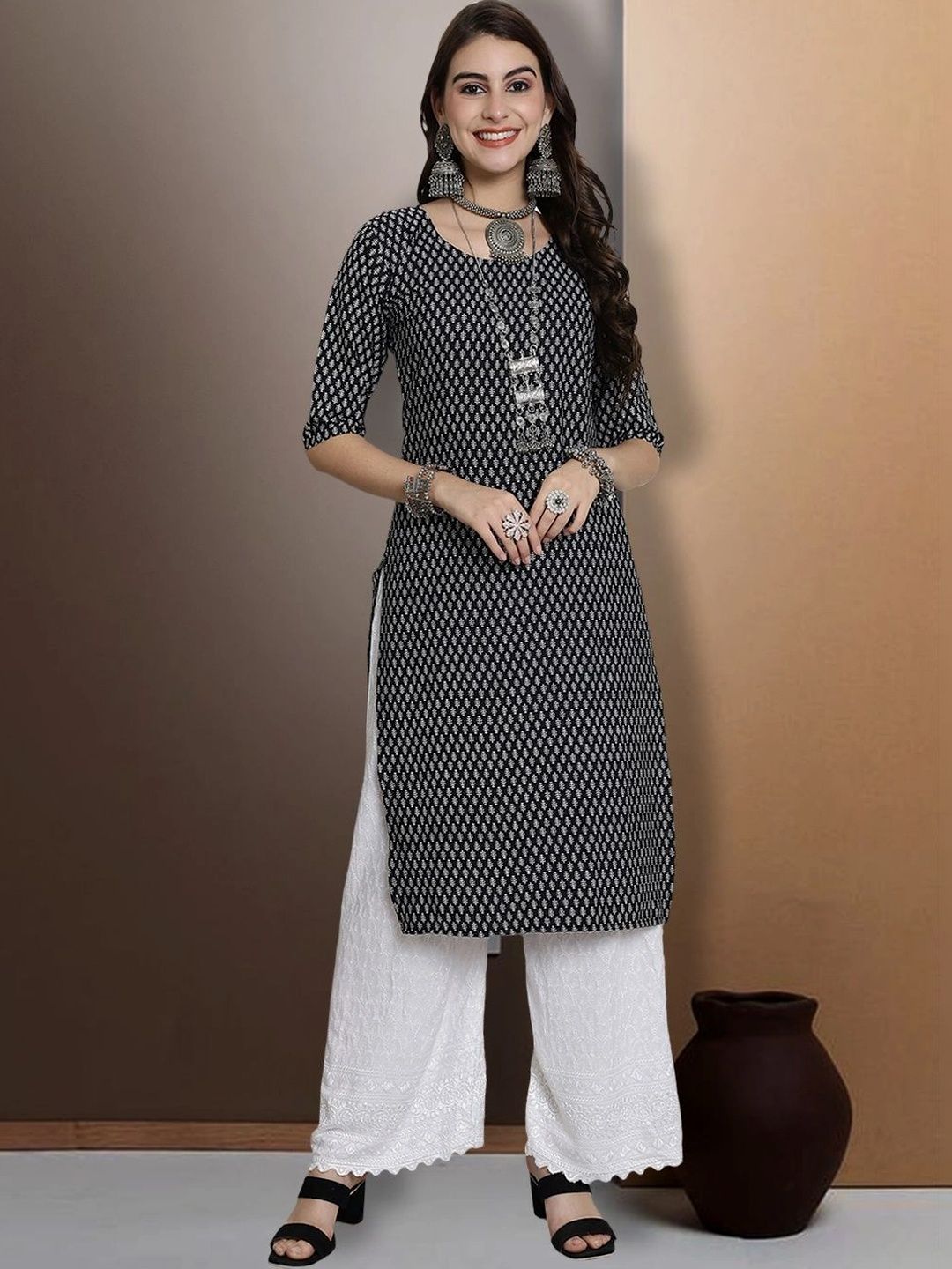HERE&NOW Selection OF 2 Geometric Printed Crepe Straight Kurtas-picture-31