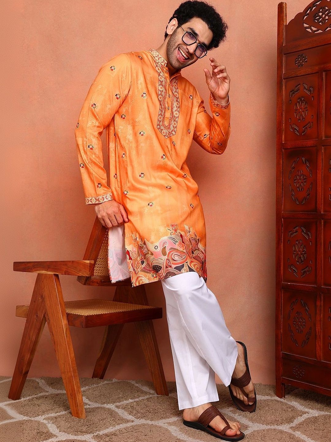 See Designs Men Ethnic Motifs Printed Regular Chanderi Silk Kurta with Palazzos-picture-28