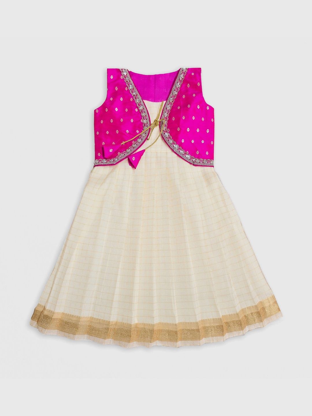 Minipattu Girls Checked Shoulder Straps A-Line Ethnic Dress with Embroidered Shrug-image-36