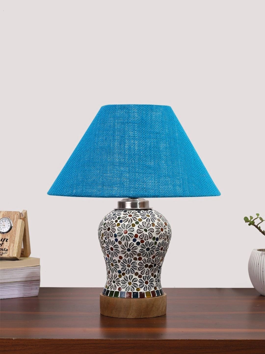 Myntra Elegant Homes Turquoise Blue Printed Glass Traditional Frusturical Shaped Table Lamp-picture-23