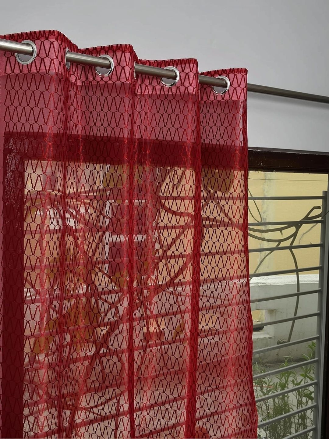 KFHDecor Maroon Geometric Sheer Door Curtain-image-9