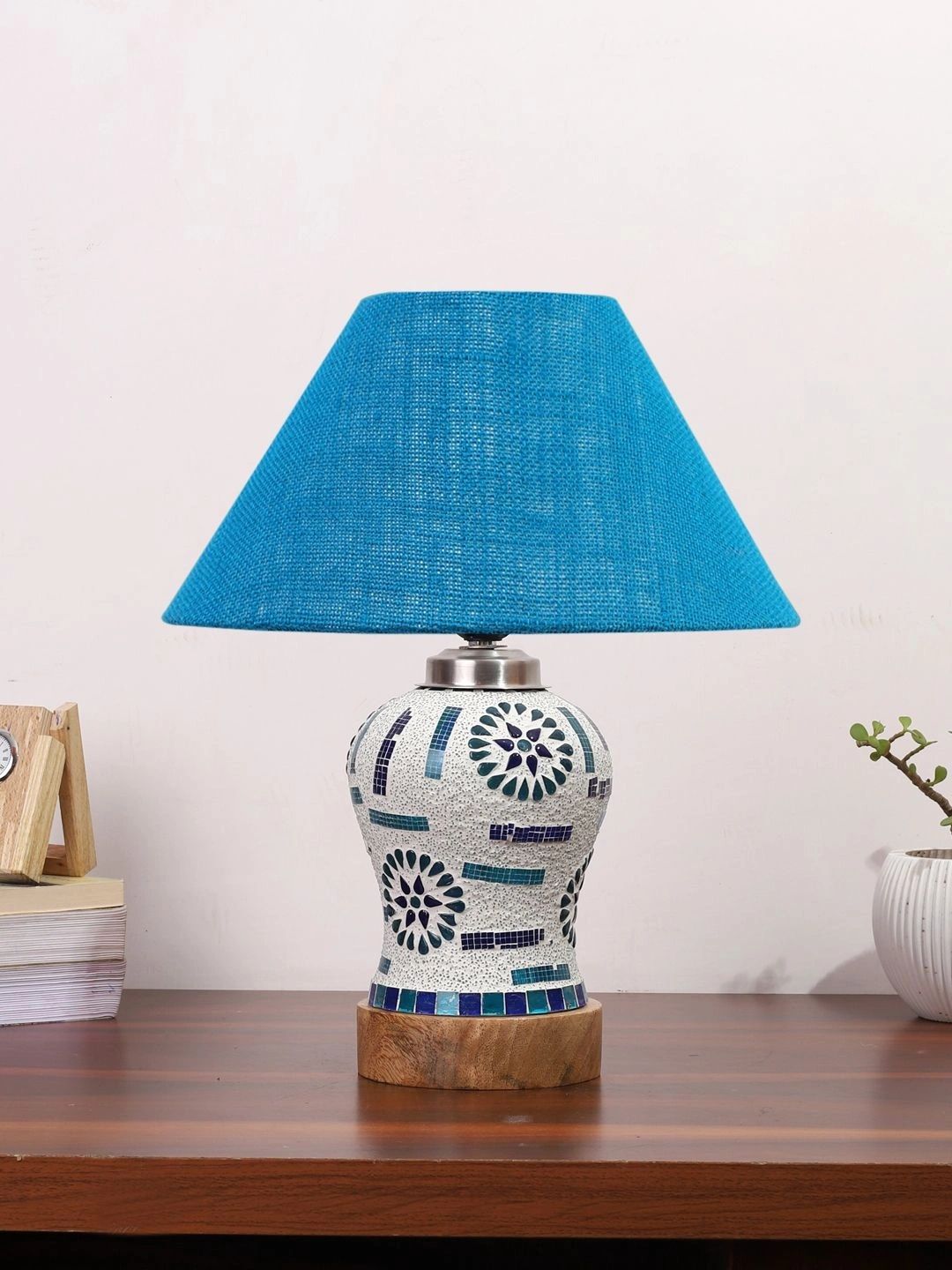 Myntra Elegant Homes Turquoise Blue Textured Glass Traditional Frusturical Shaped Table Lamp-picture-28