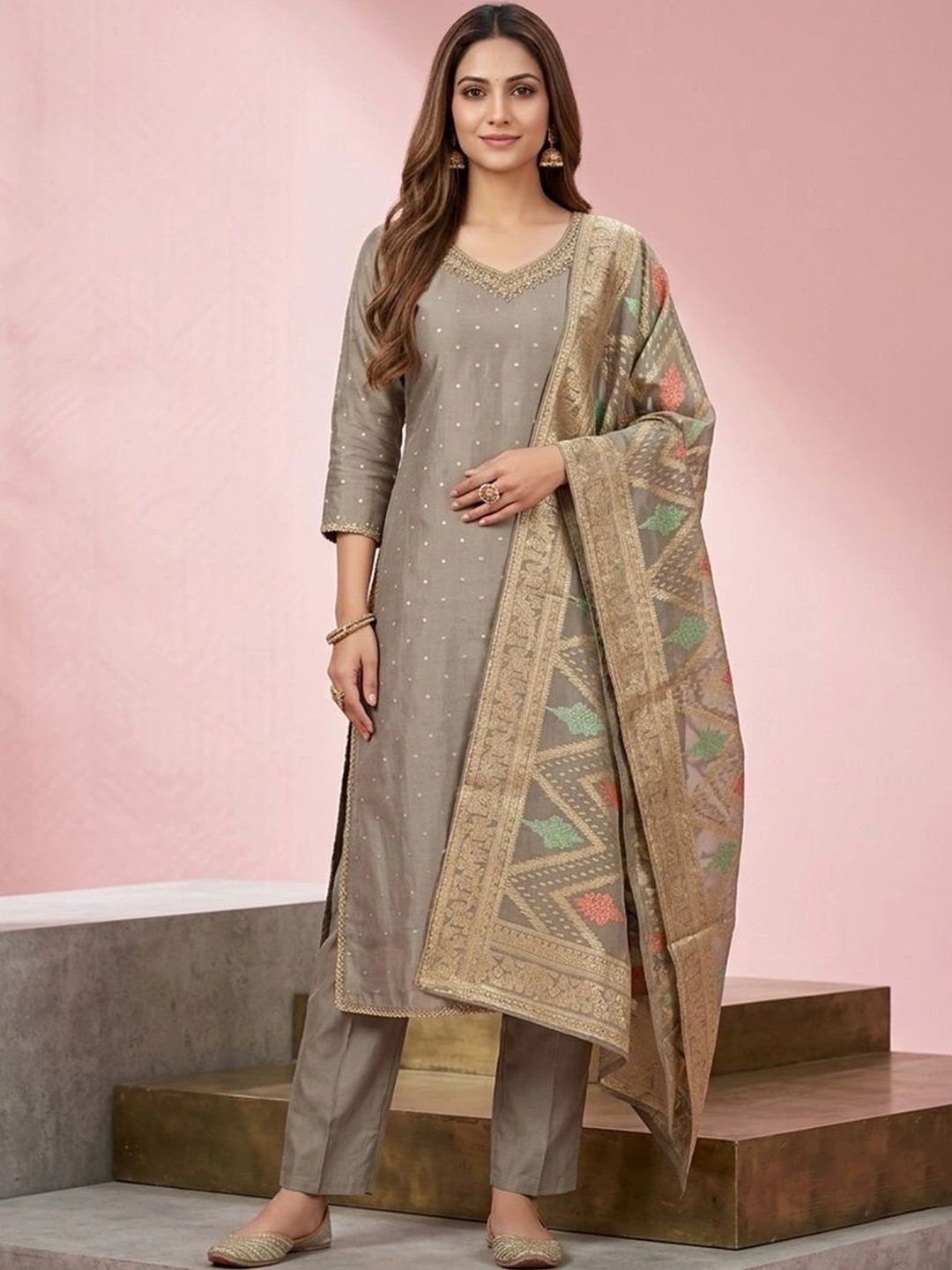 gokurtis Ethnic Motifs Embellished V-Neck Pure Cotton Blend Handloom Kurti-picture-32