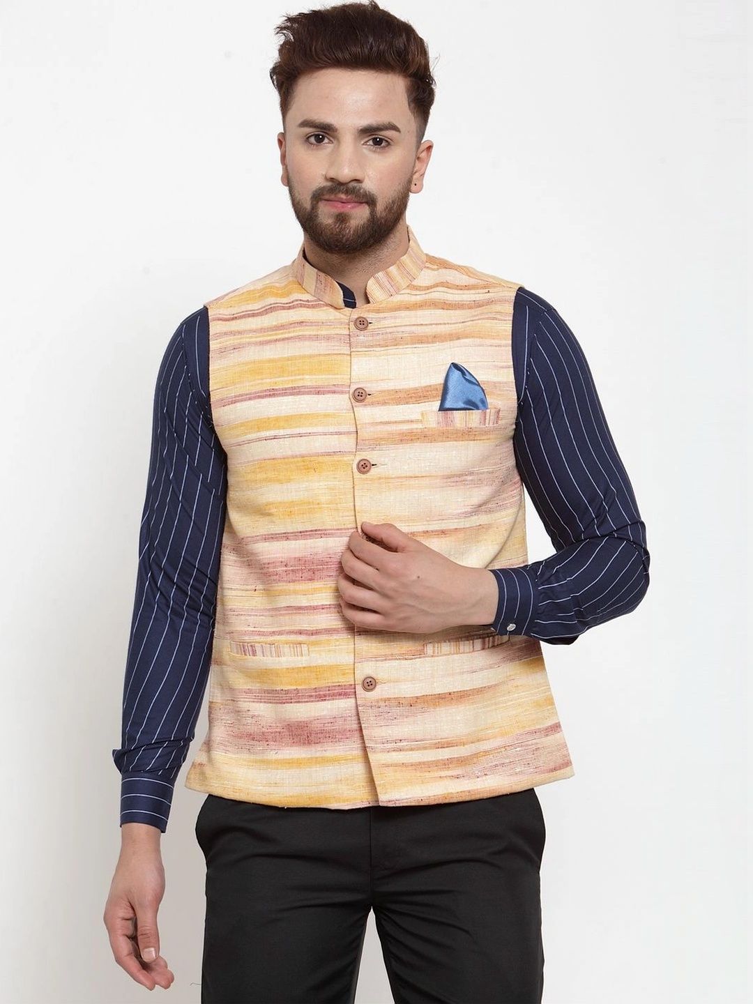 Moda Rapido Striped Pure Cotton Woven Nehru Jacket-picture-14