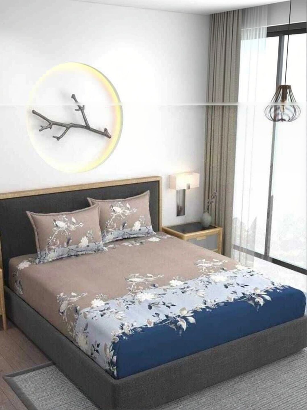 TINDLER KNOTS Blue & Brown Floral 210 TC Bedsheet with 2 Pillow Covers-picture-11