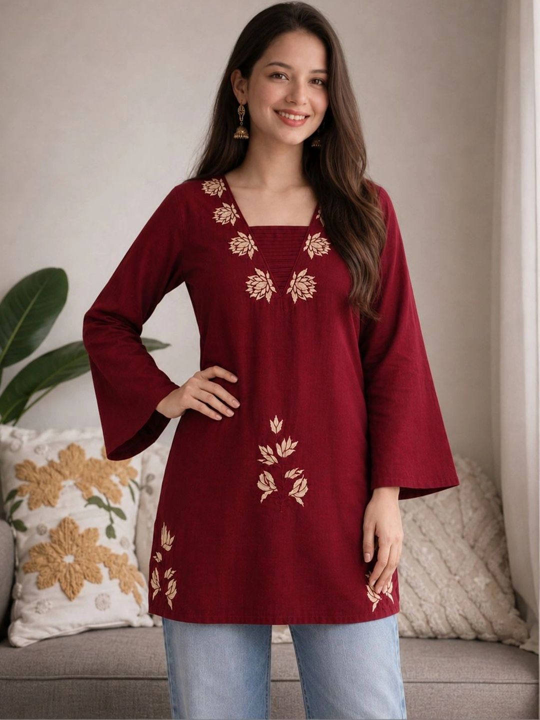 KALINI Floral Embroidered Square Neck Flared Sleeves Thread Work Thread Work Kurti-picture-31