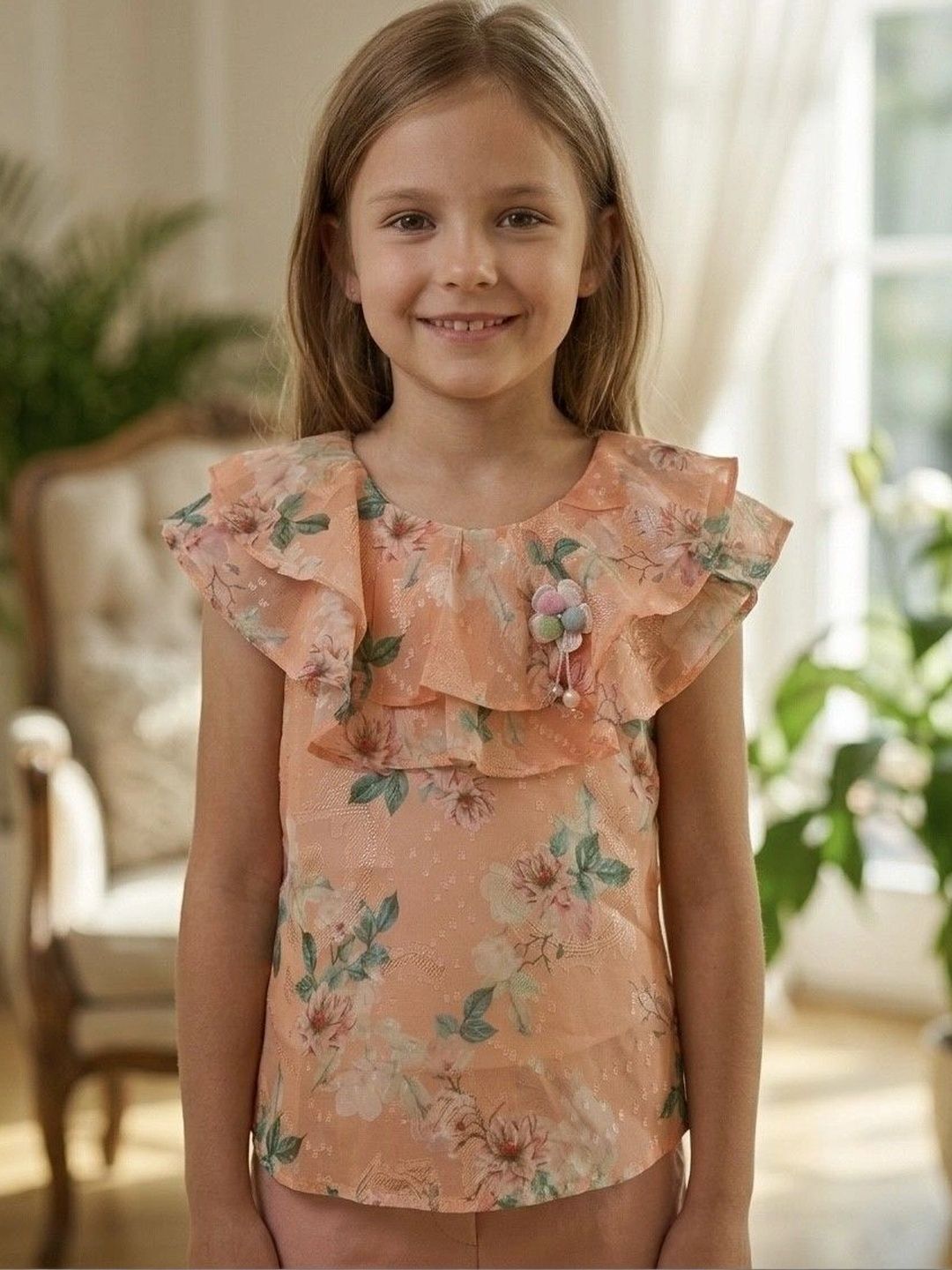 TRUFFLES Floral Print Flutter Sleeve Ruffles Georgette Top-picture-13