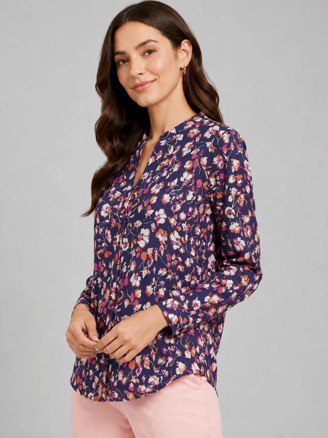 HERE&NOW Floral Print Mandarin Collar Cotton Top-picture-15