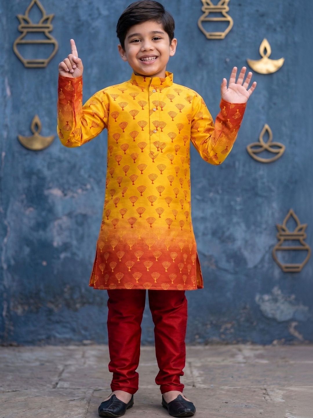 Cae Boys Ombre Printed Regular Dupion Silk Kurta with Pyjamas-picture-36