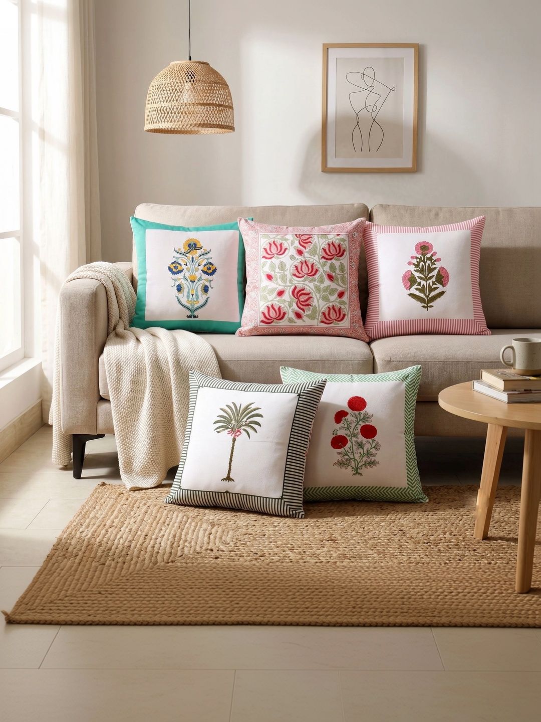 HANDICRAFT PALACE White & Pink Set of 5 Floral Square Cushion Covers-picture-11