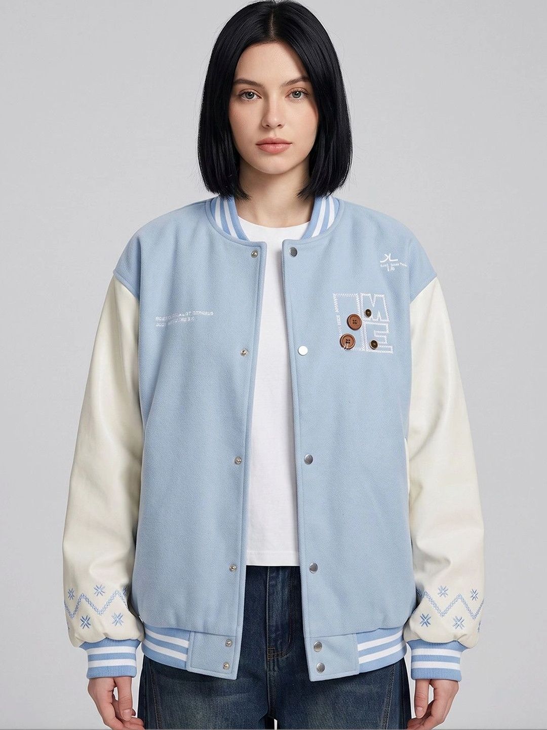 Suo Women Colourblocked Varsity Jacket with Embroidered-picture-16