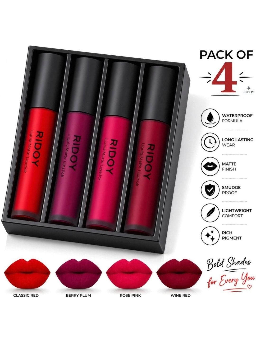 ridoy Set Of 4 Waterproof Liquid Matte Lipstick-3 ml Each - Classic Red-Berry Plum-picture-10