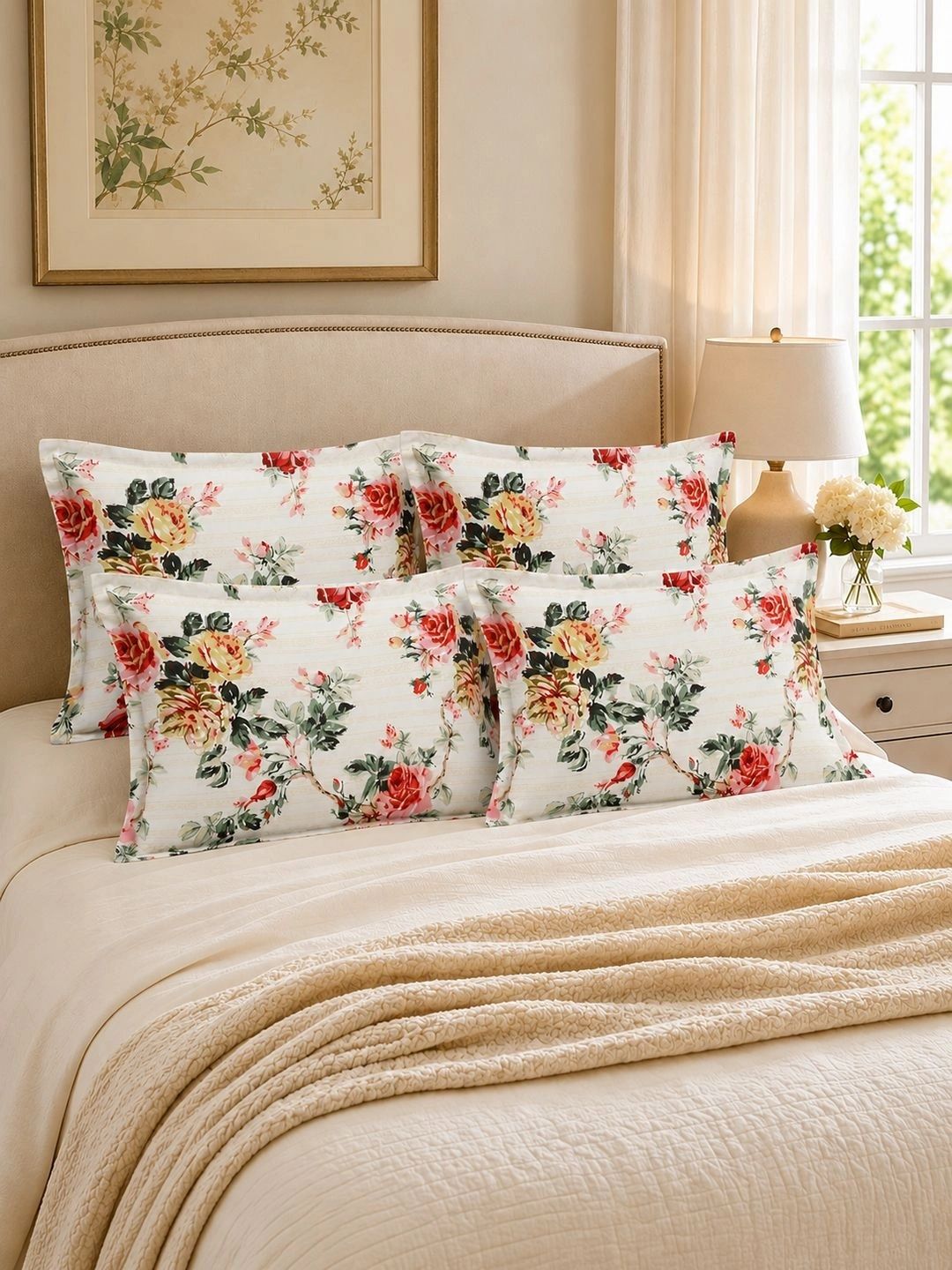 Clasiko White 4 Pieces Floral Pure Cotton Blend Rectangle Pillow Covers-picture-3