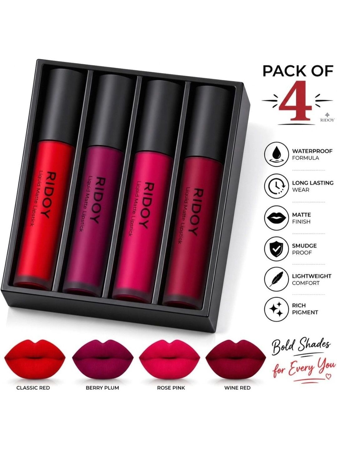 ridoy Set Of 4 Waterproof Liquid Matte Lipstick-3 ml Each - Classic Red-Berry Plum-picture-31