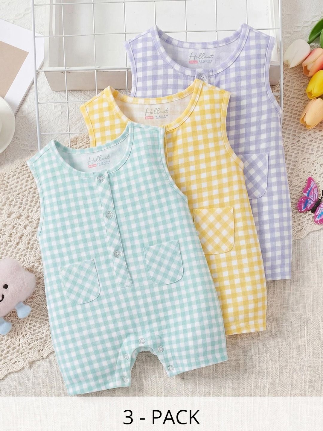 HELLCAT Infants Pack of 3 Checked Cotton Rompers-picture-23