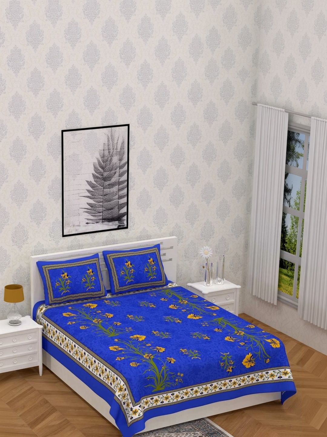 POOSHOP Blue Floral 144 TC Bedsheet with 2 Pillow Covers-image-2