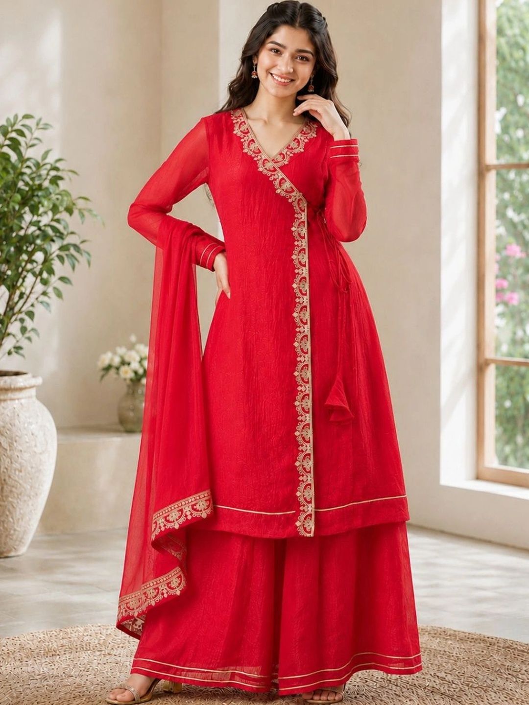 CurlyTales Girls Ethnic Motifs Angrakha Thread Work Pure Silk Kurta with Palazzos & With Dupatta-image-19