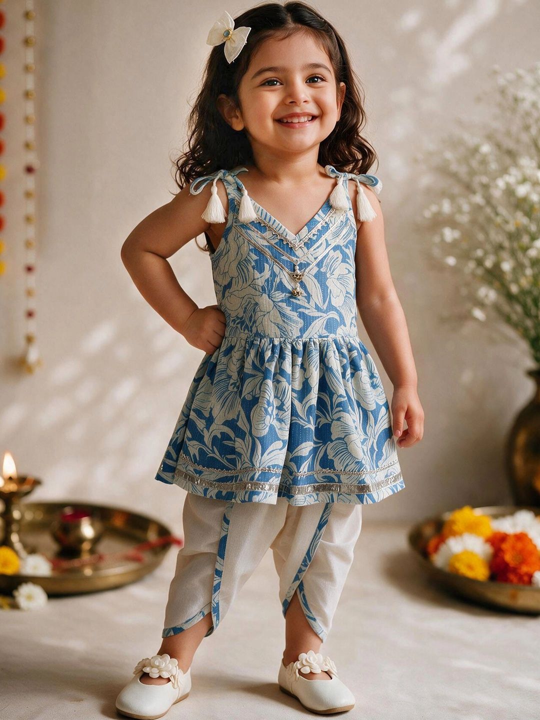 VASTRAMAY Girls Floral Printed Regular Pure Cotton Kurta with Dhoti Pants-picture-48