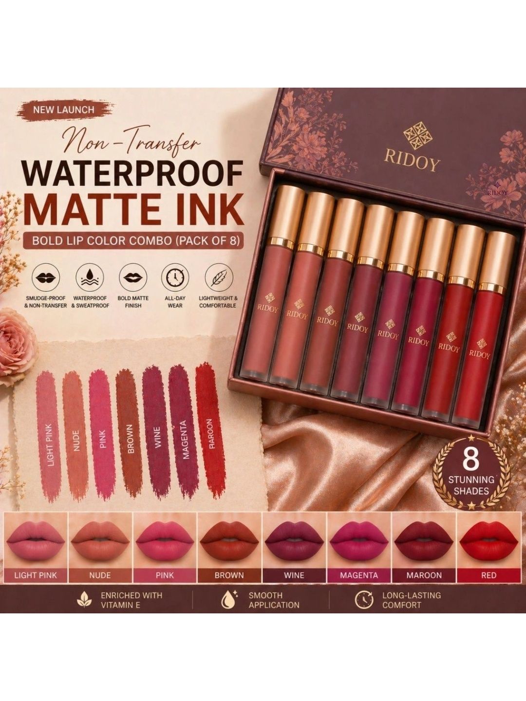 ridoy Set Of 8 Waterproof Liquid Matte Lipstick-3 ml Each - Light Pink-Maroon-Brown-Magent-picture-26