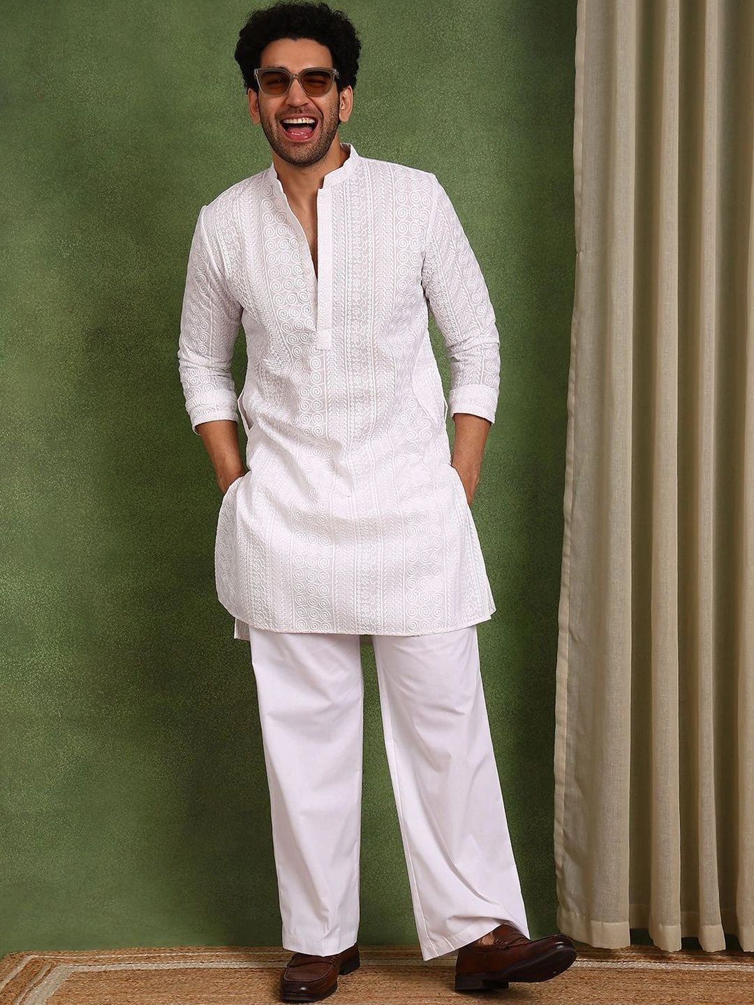 See Designs Men Ethnic Motifs Embroidered Regular Chikankari Pure Cotton Kurta with Pyjamas-picture-23