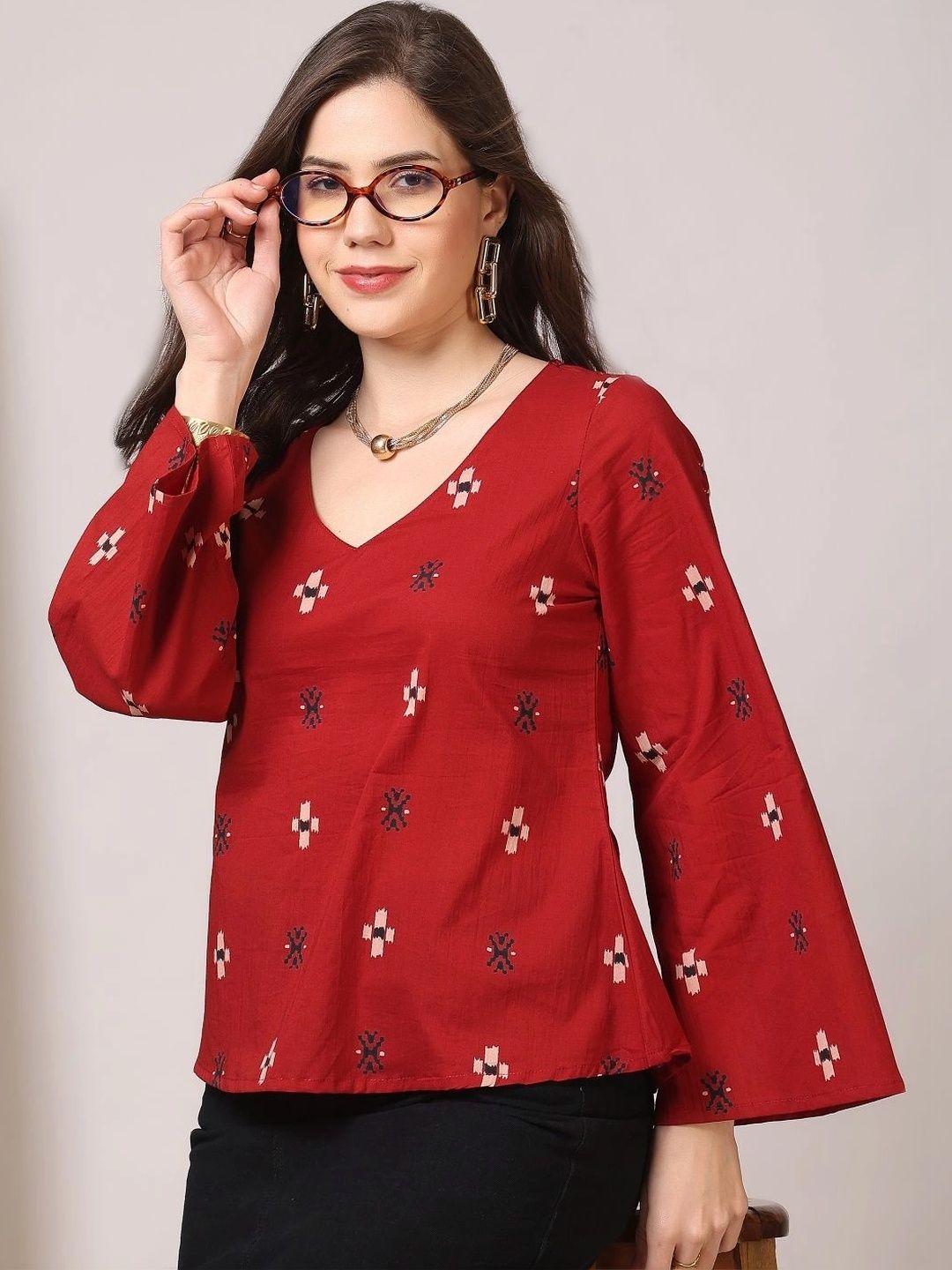 KALINI Print Flared Sleeve Ethnic Cotton Top-picture-19