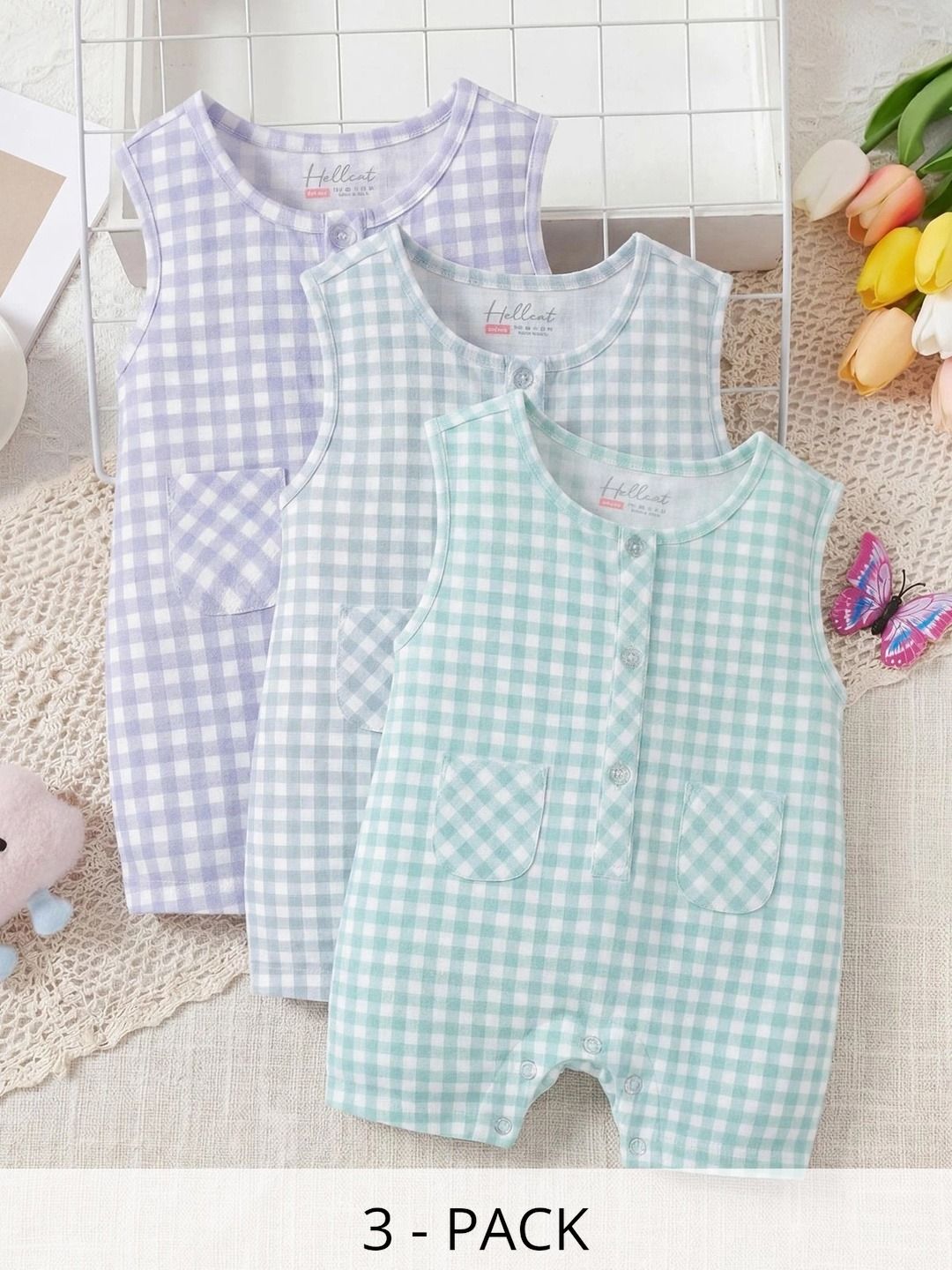 HELLCAT Infants Pack of 3 Checked Cotton Rompers-picture-48