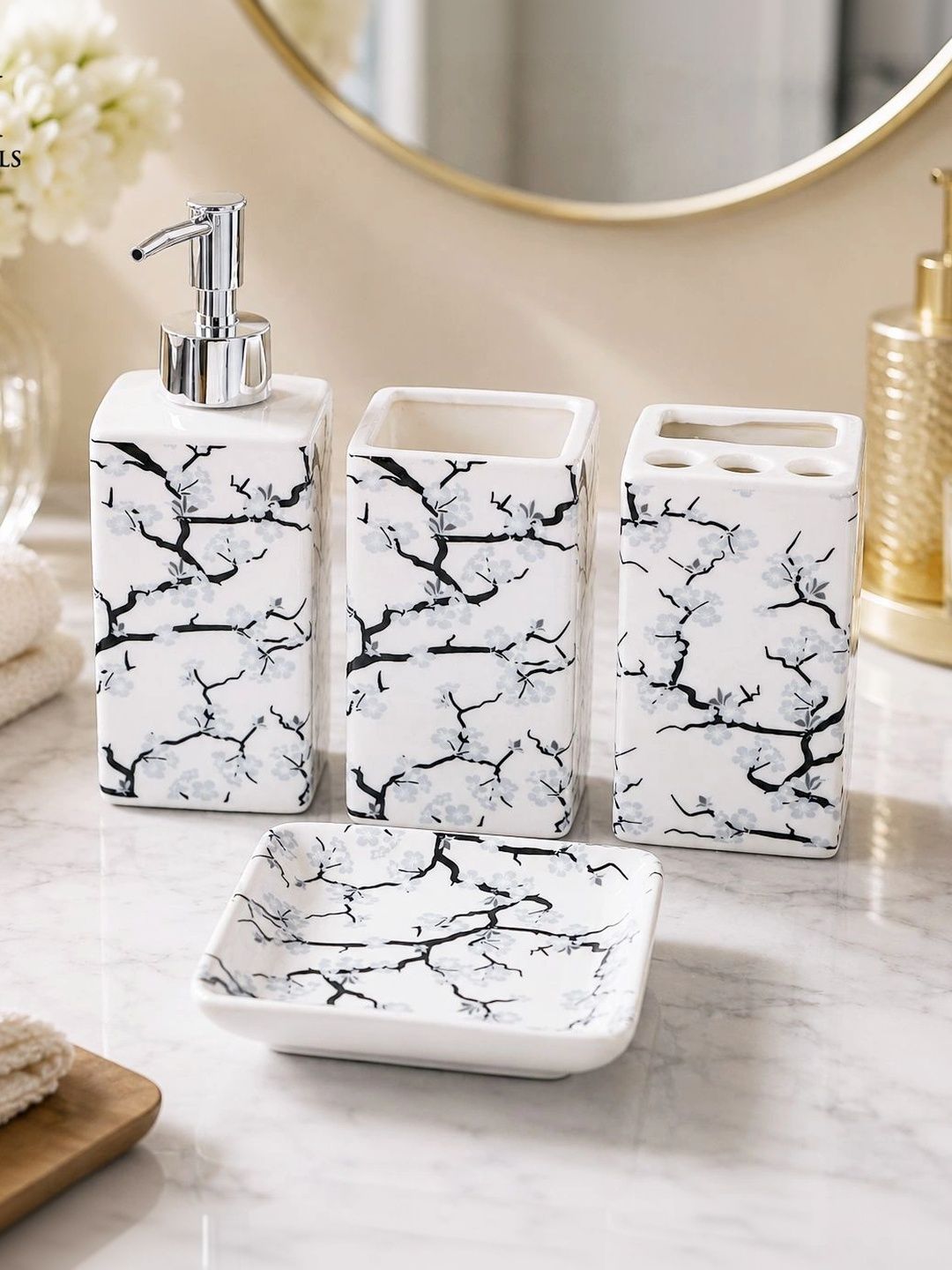 NFI essentials Multicoloured 4 piece Floral Ceramic Bath Accessories Set-picture-32
