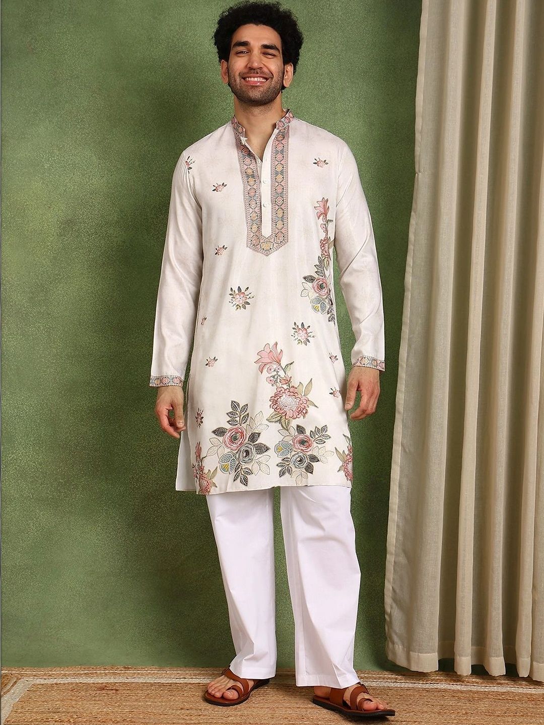 See Designs Men Floral Embroidered Thread Work Floral Chanderi Silk Kurta-picture-33