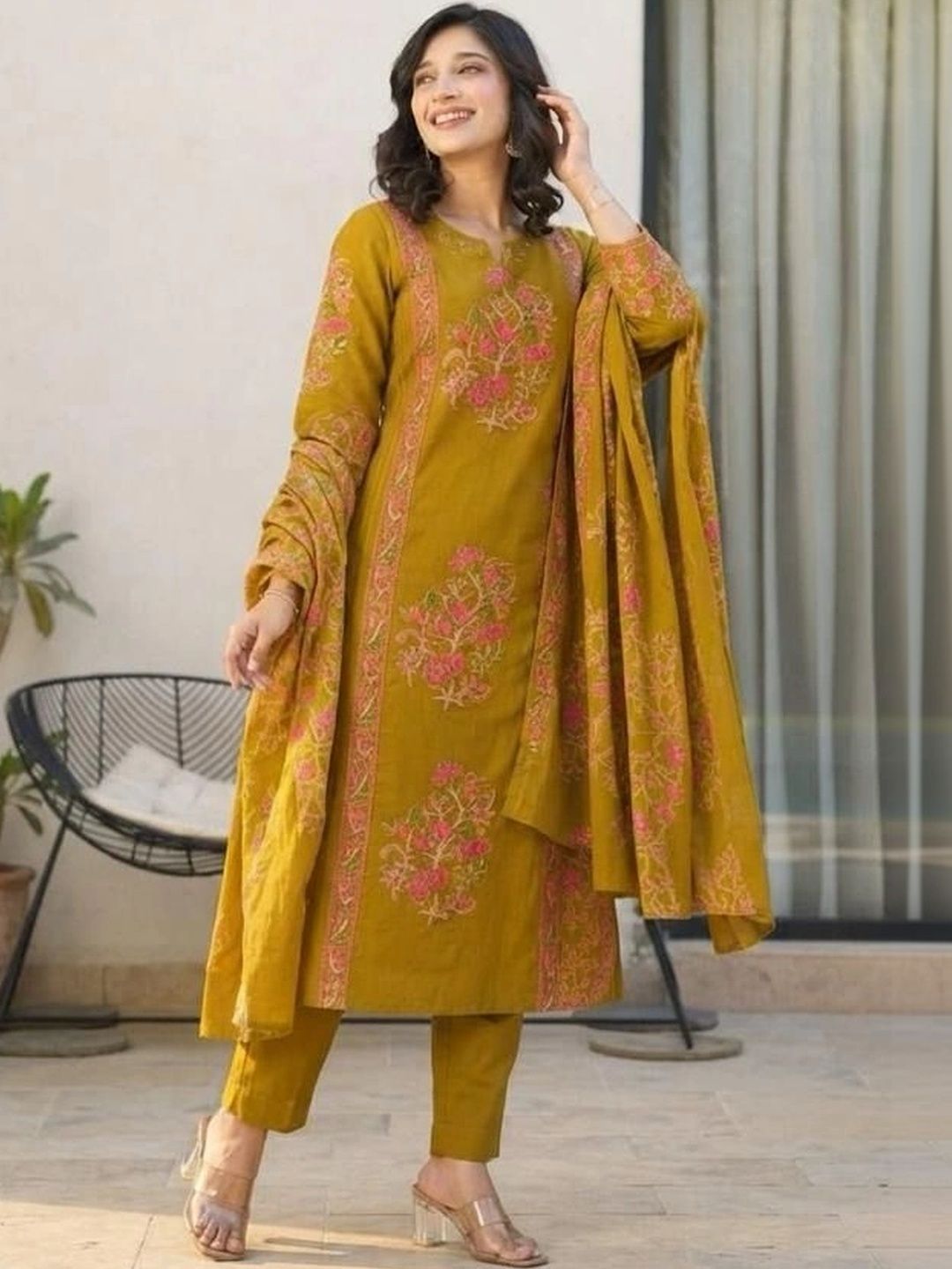 KALINI Women Floral Embroidered Regular Thread Work Pure Cotton Kurta with Trousers & With Dupatta-picture-48