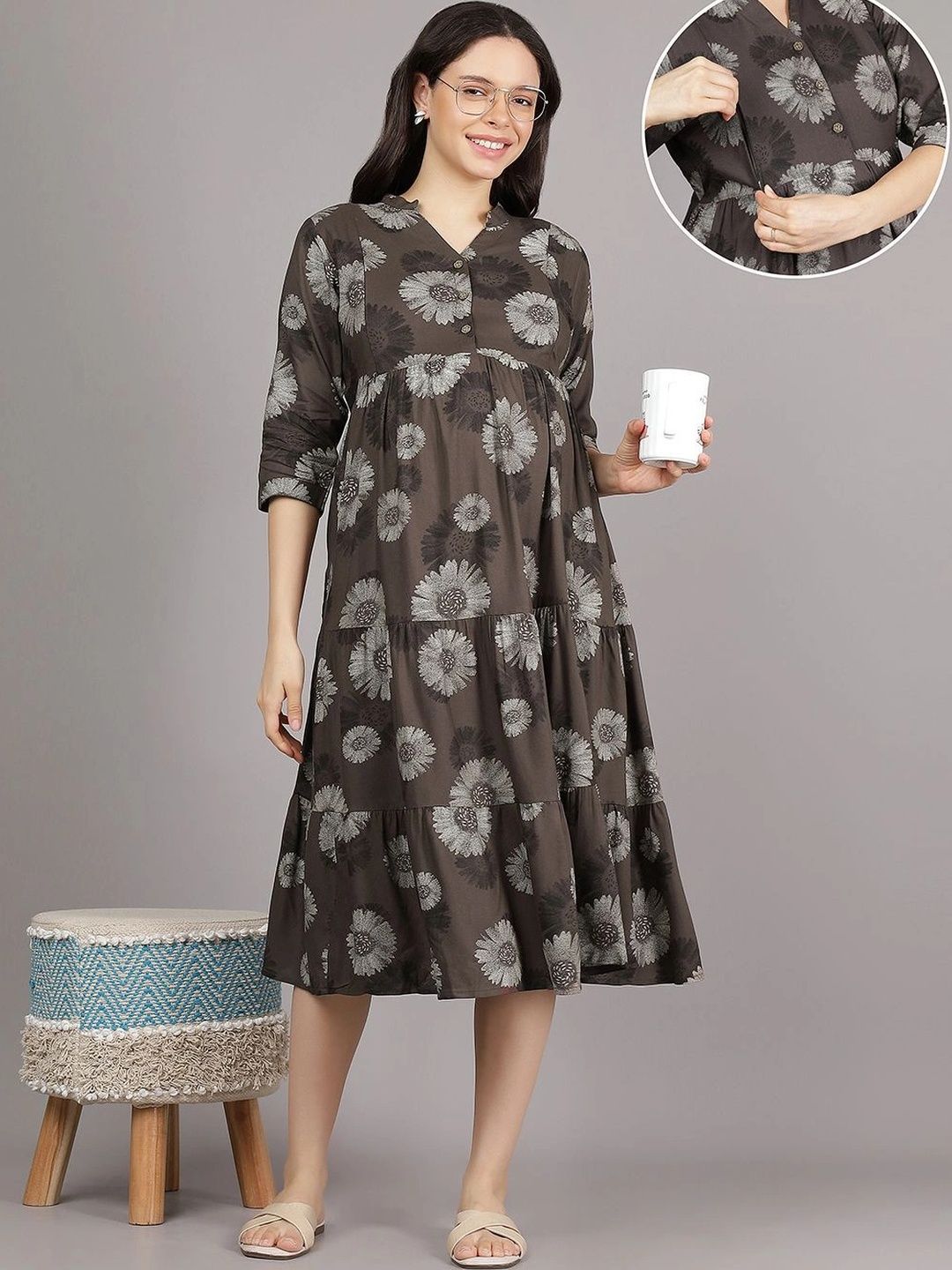 Mammas Maternity Floral Print Maternity A-Line Midi Dress-image-0