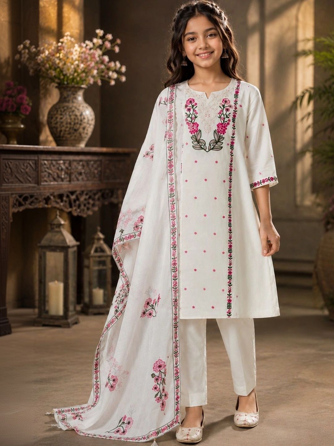 7Tiara Girls Floral Embroidered Regular Thread Work Kurta with Trousers & With Dupatta-picture-46