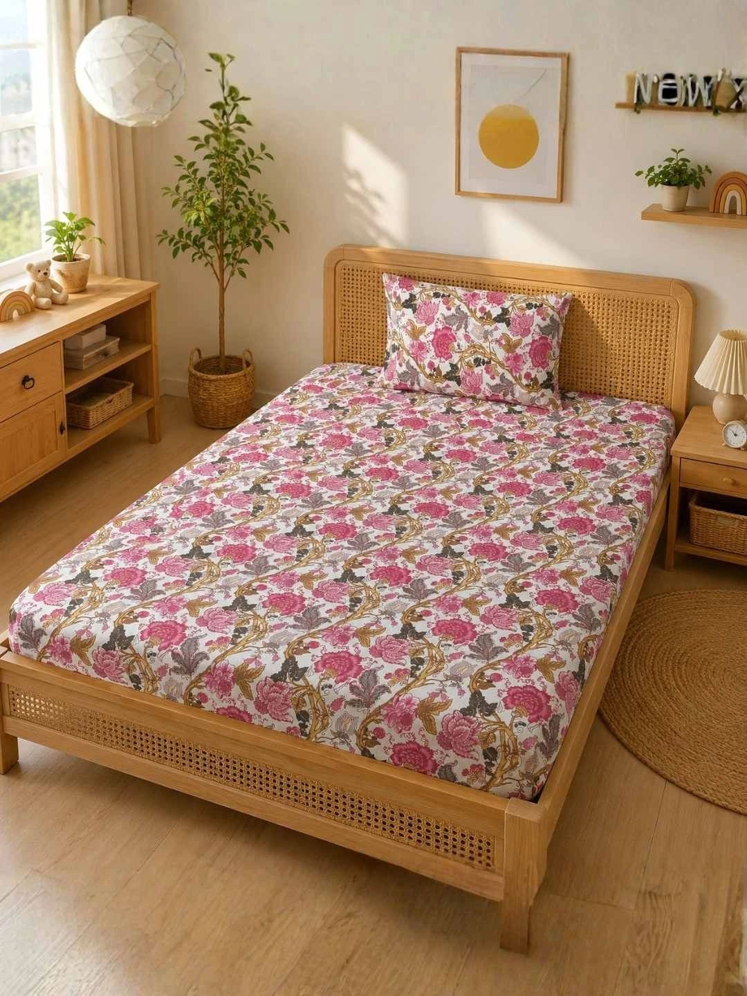 HABOOO Pink 144 TC Single Bedsheet with 1 Pillow Covers-image-17