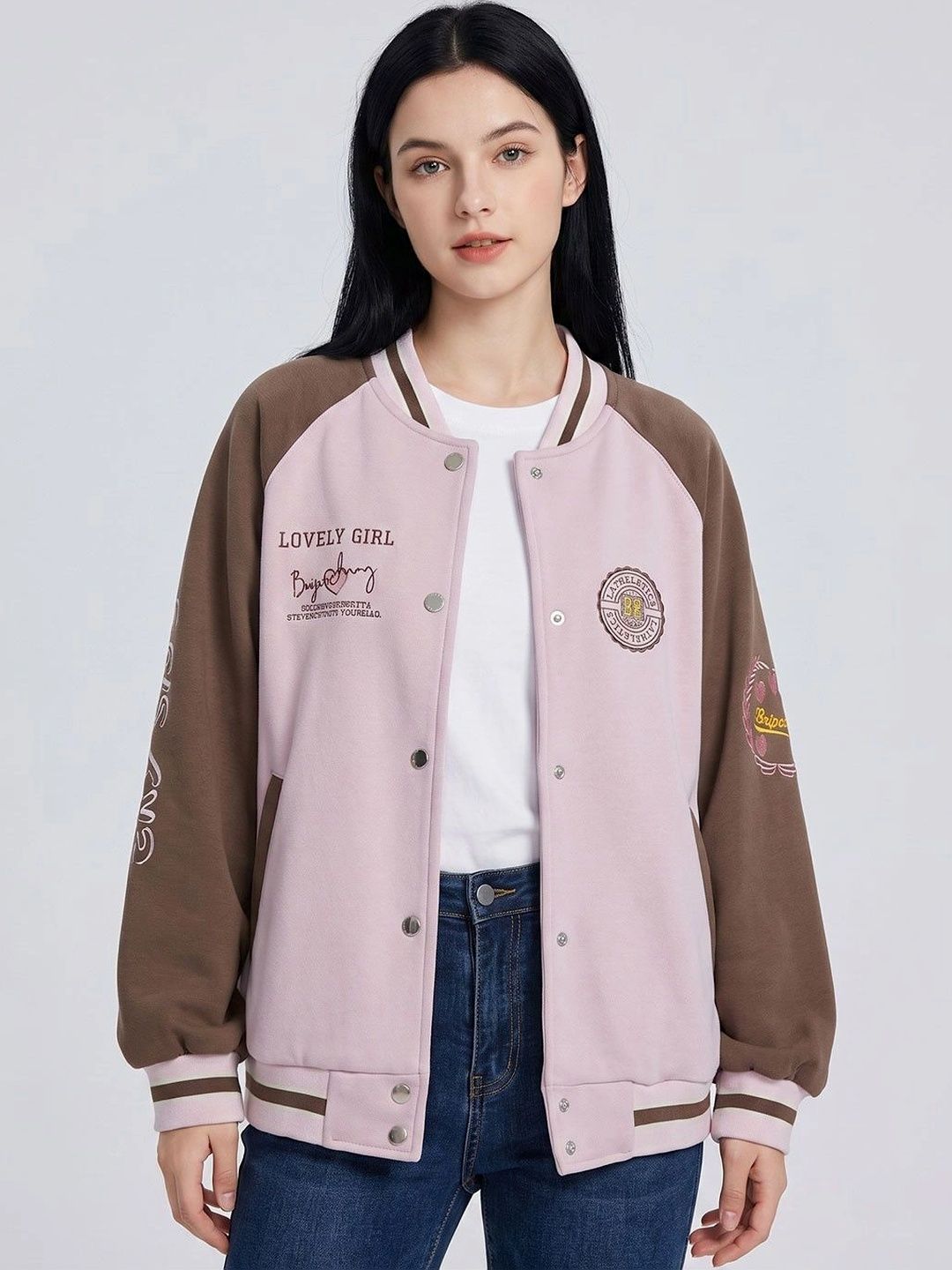 Suo Women Typography Colourblocked Varsity Jacket with Embroidered-picture-55