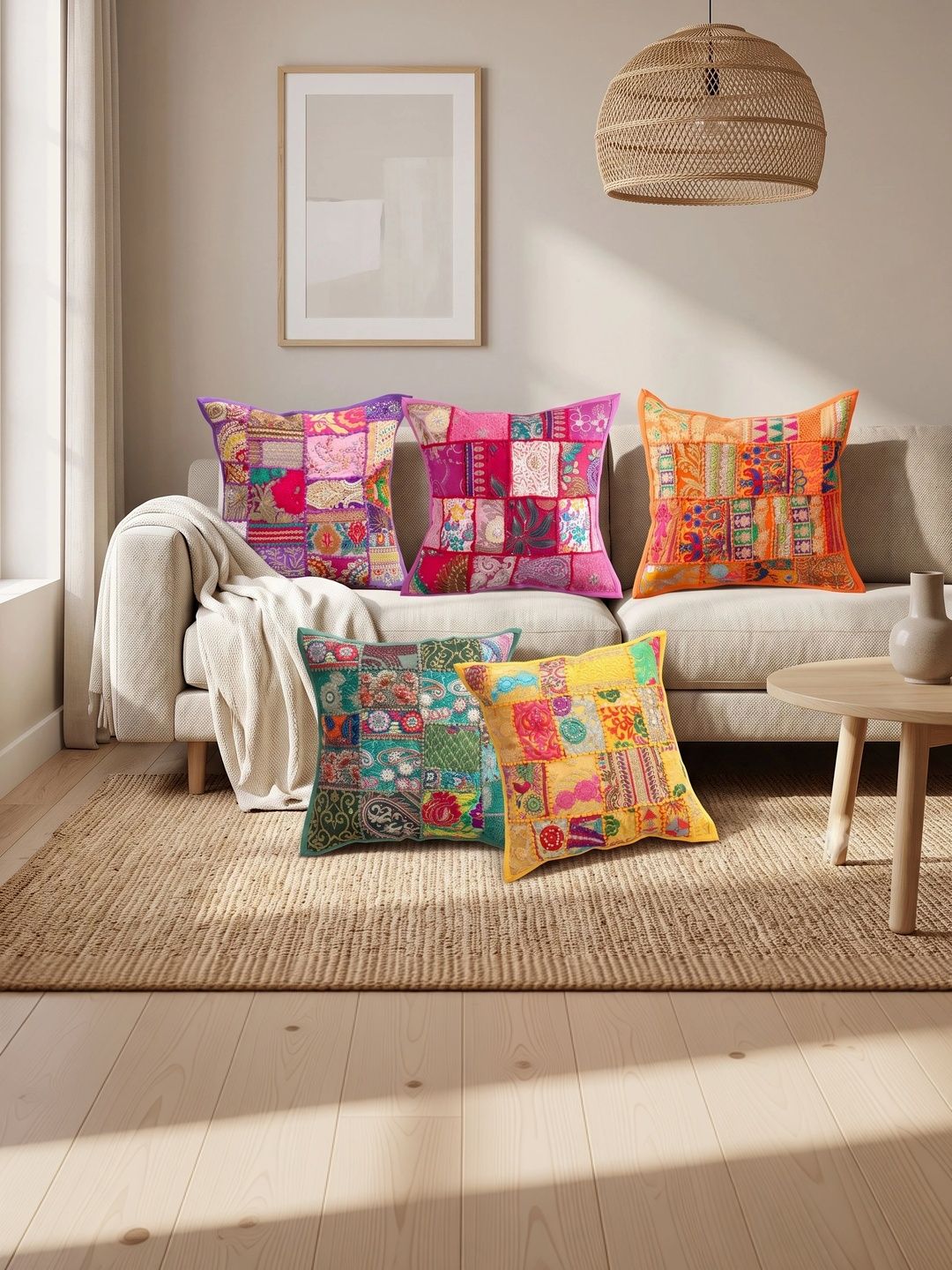 HANDICRAFT PALACE Orange & Purple Set of 5 Embroidered Square Cushion Covers-picture-6