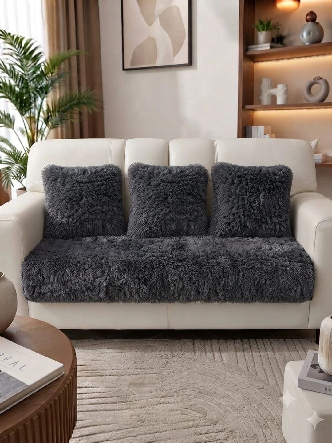 KANUM Grey Solid Viscose Rayon Blend 3 Piece Sofa Cover Without Arms-picture-41