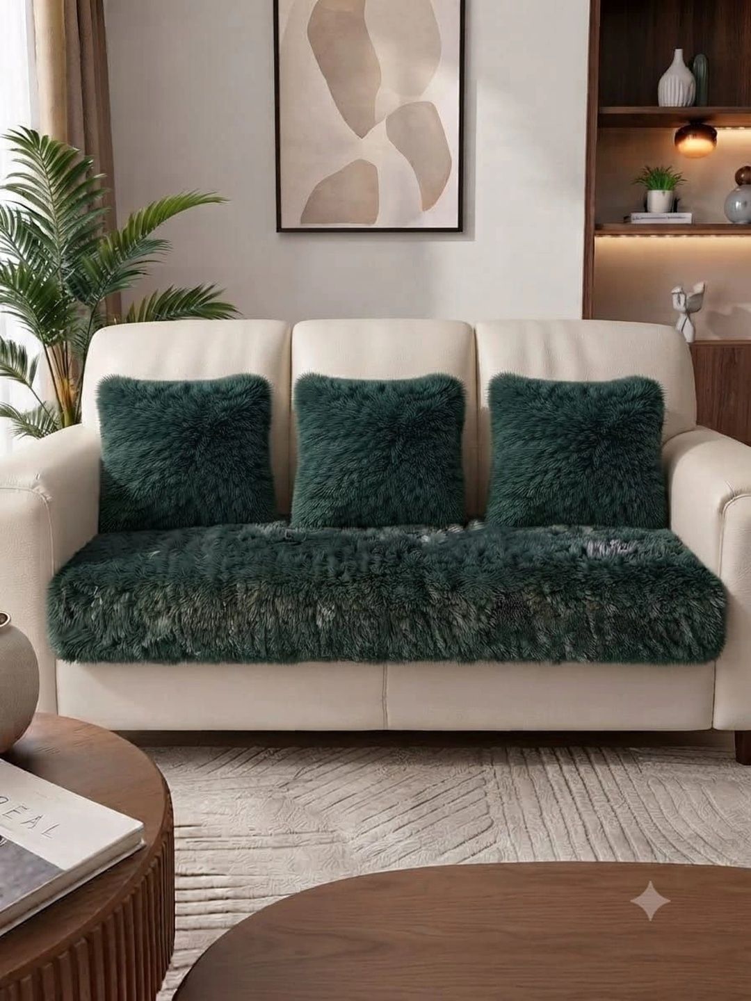 KANUM Sea Green Solid Viscose Rayon Blend 3 Piece Sofa Cover Without Arms-picture-43