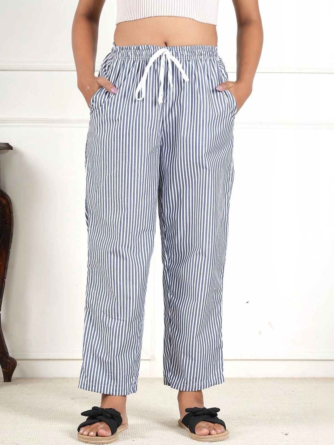 Style Shoes Striped Cotton Mid-Rise Straight Lounge Pants-picture-11